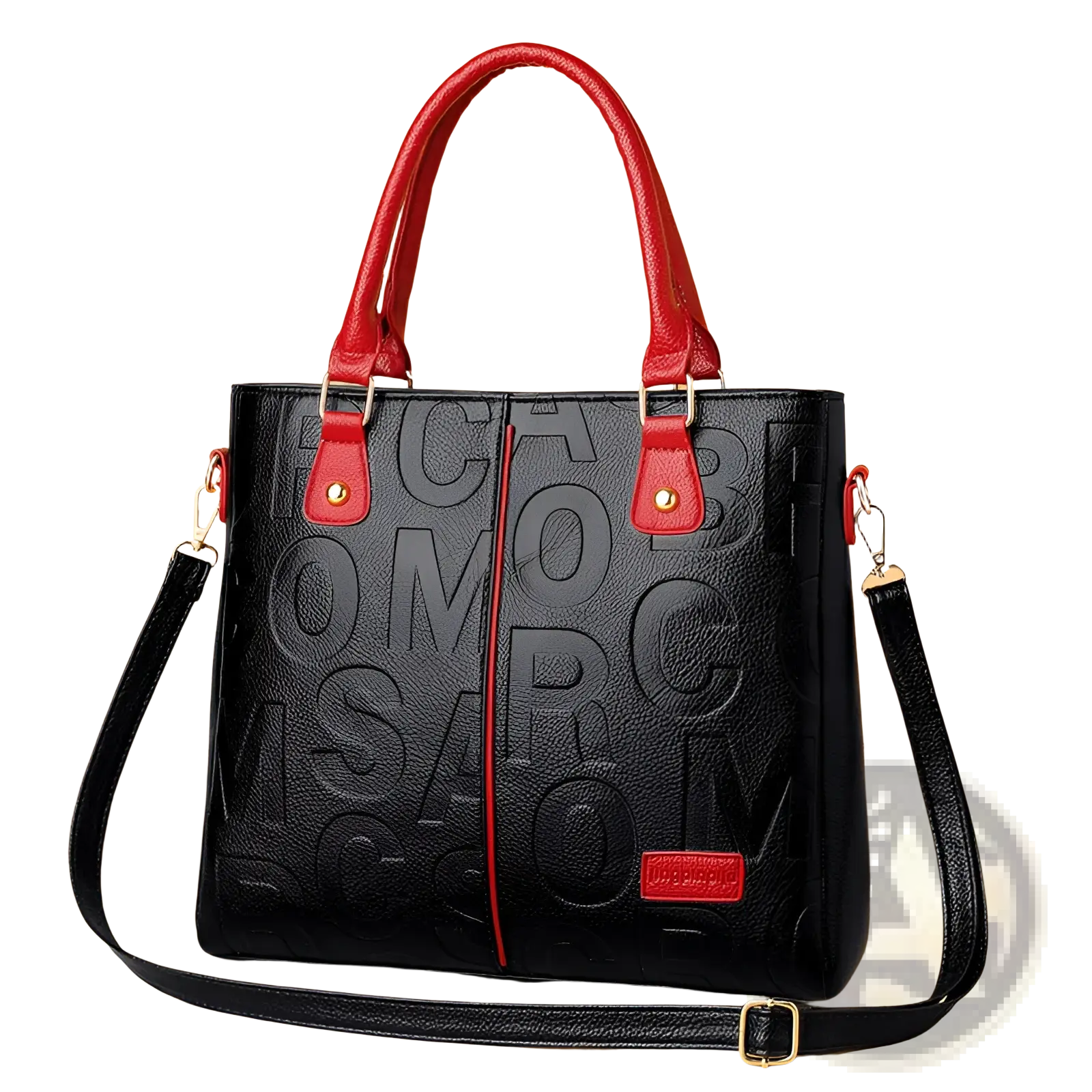 Large capacity black leather embossed shoulder bag with red handles and shoulder strap for stylish carrying