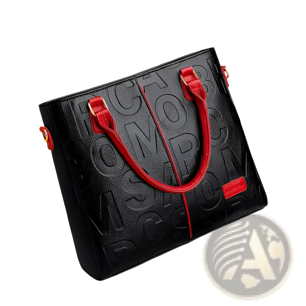 Large capacity black leather tote bag with embossed lettering and red handles for shoulder use