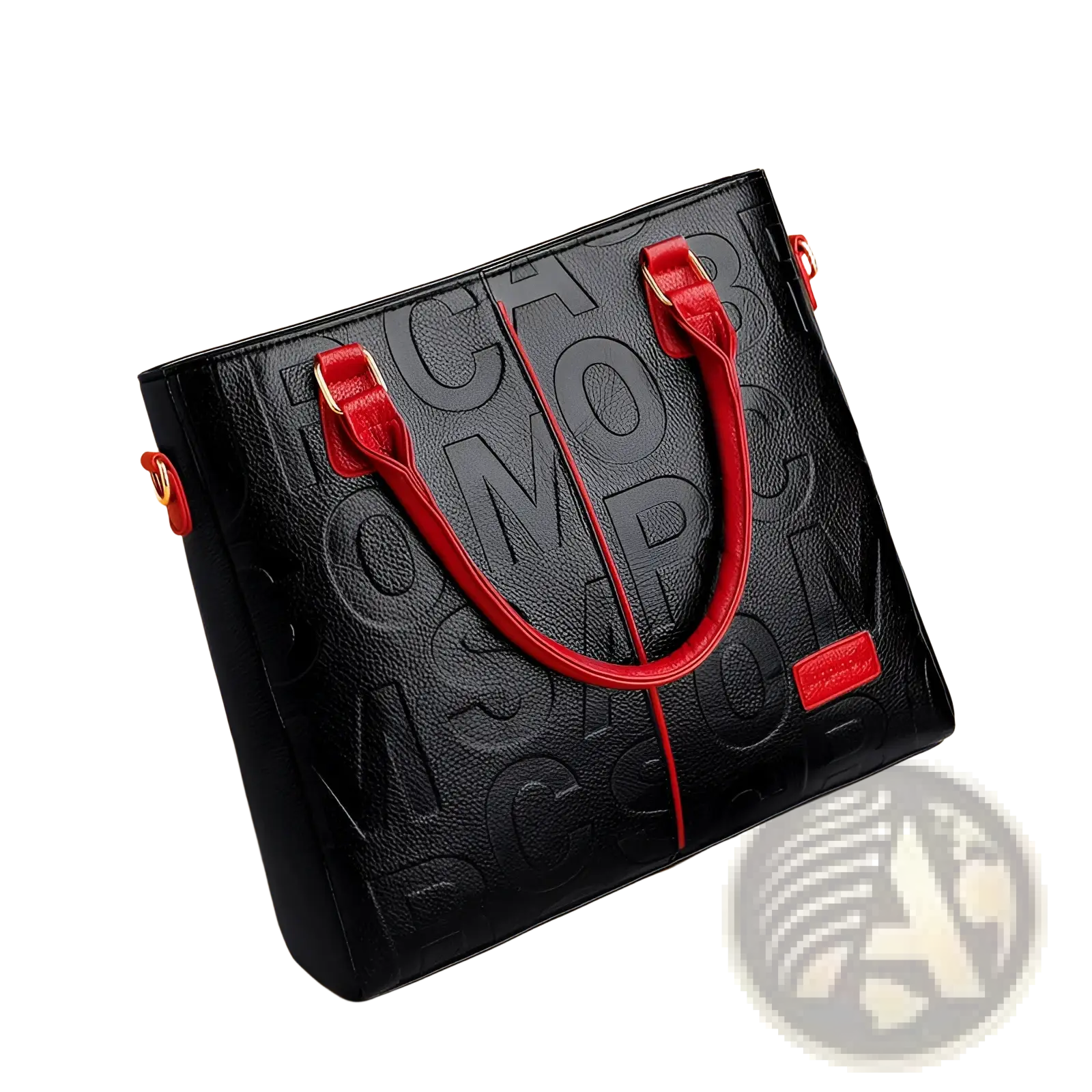 Large capacity black leather tote bag with embossed lettering and red handles for shoulder use