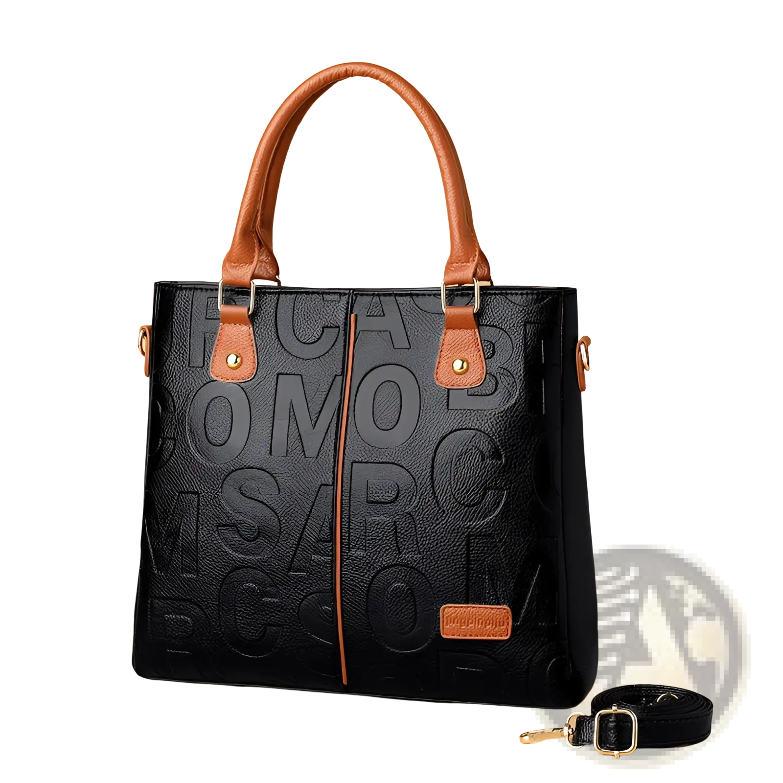 Black leather large capacity shoulder bag with embossed lettering and tan handles for stylish carrying