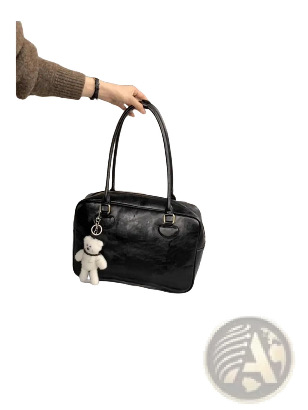 Black glossy leather large capacity shoulder bag with a white plush teddy bear charm hanging from the handle