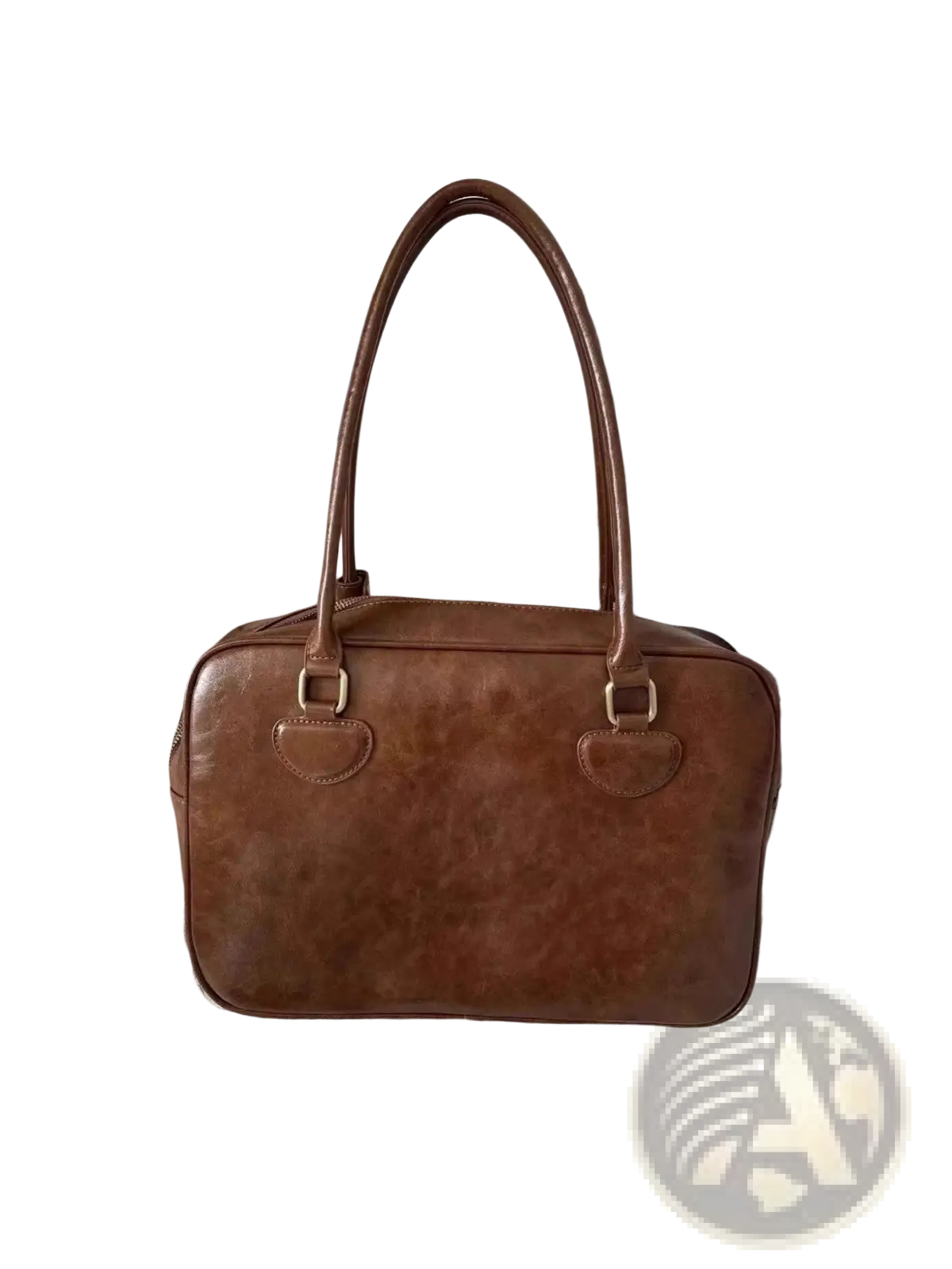 Large capacity brown leather shoulder bag with rounded top handles metallic hardware and bear charm accessory