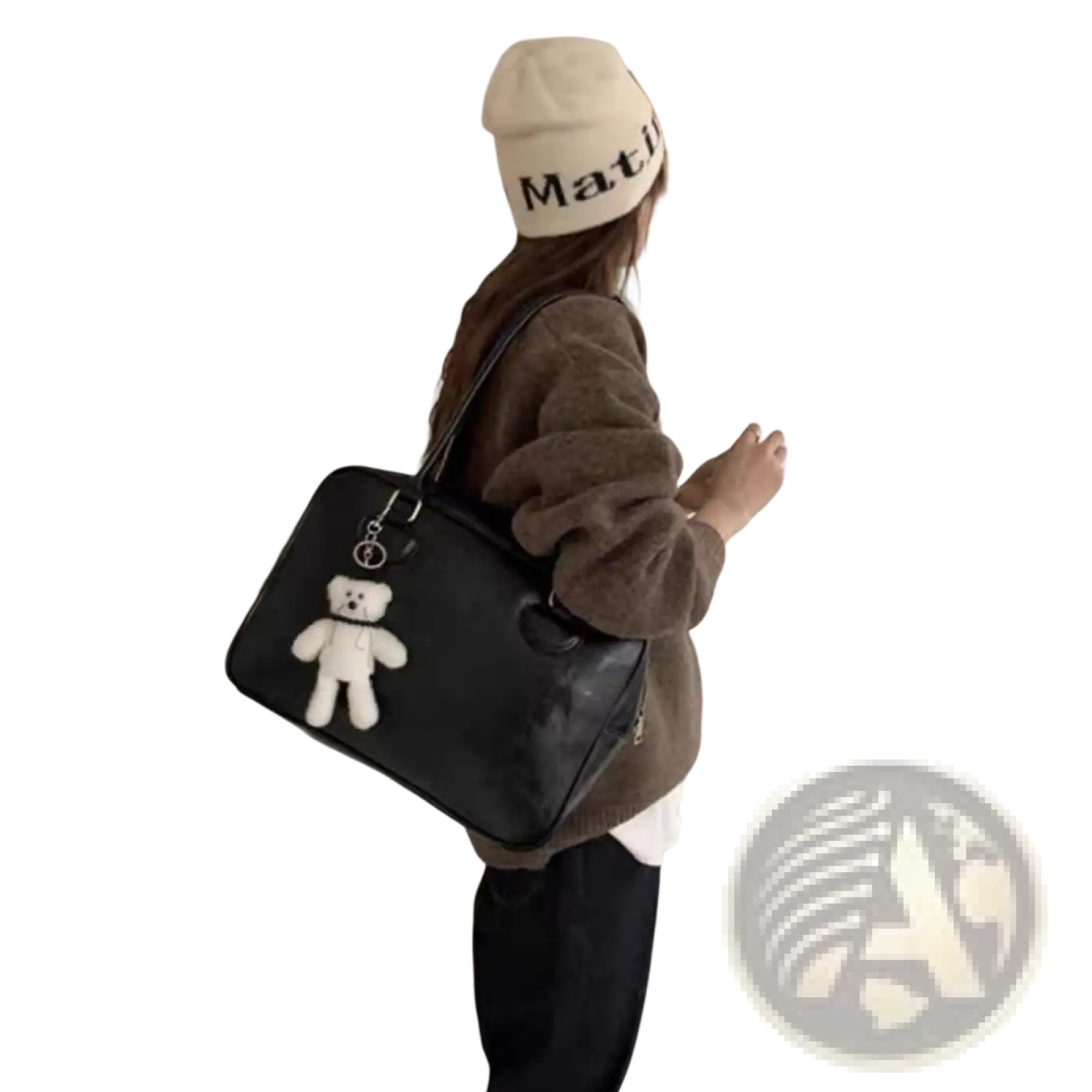Large capacity black leather shoulder bag with a white teddy bear charm hanging from the handle
