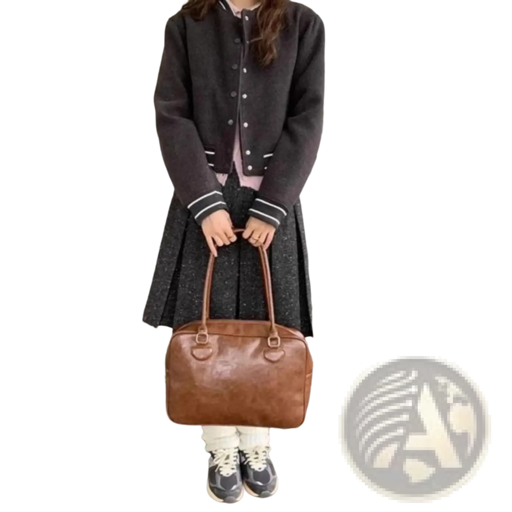 Brown leather large capacity shoulder bag with top handles and bear charm in a structured rectangular shape