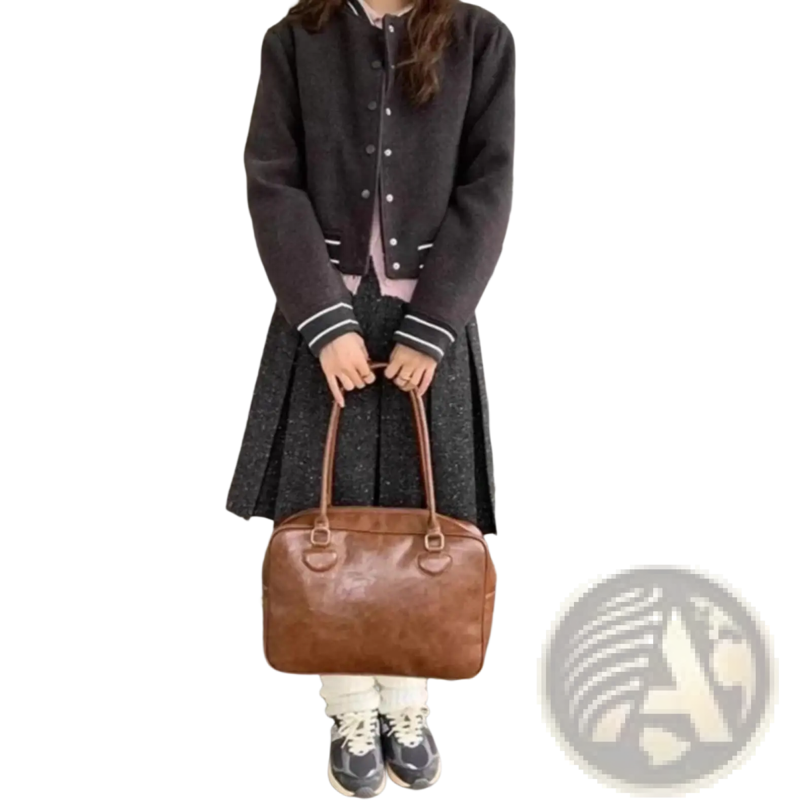 Brown leather large capacity shoulder bag with top handles and bear charm in a structured rectangular shape