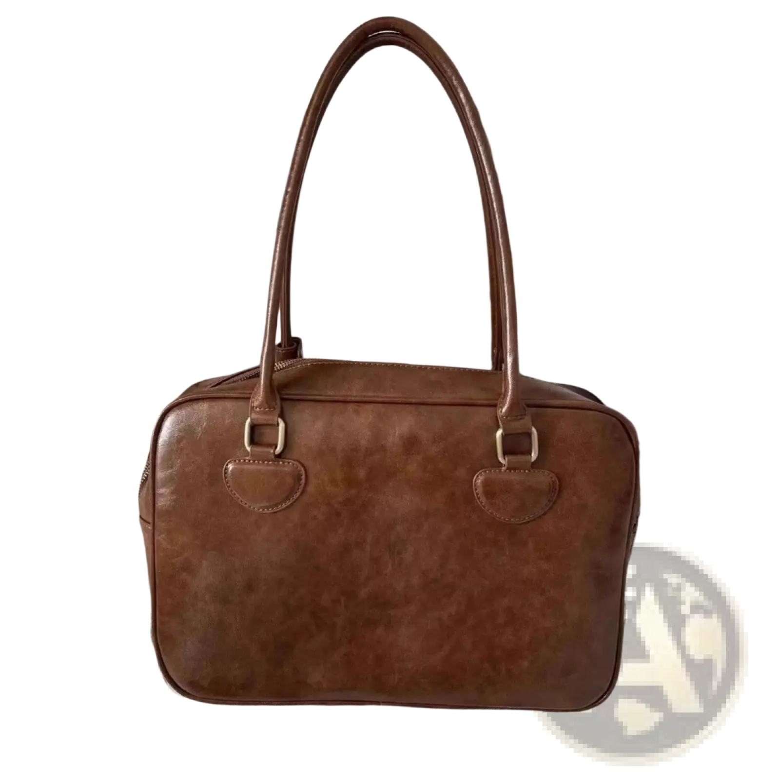 Brown leather large capacity shoulder bag with two top handles metallic hardware and bear charm accessory