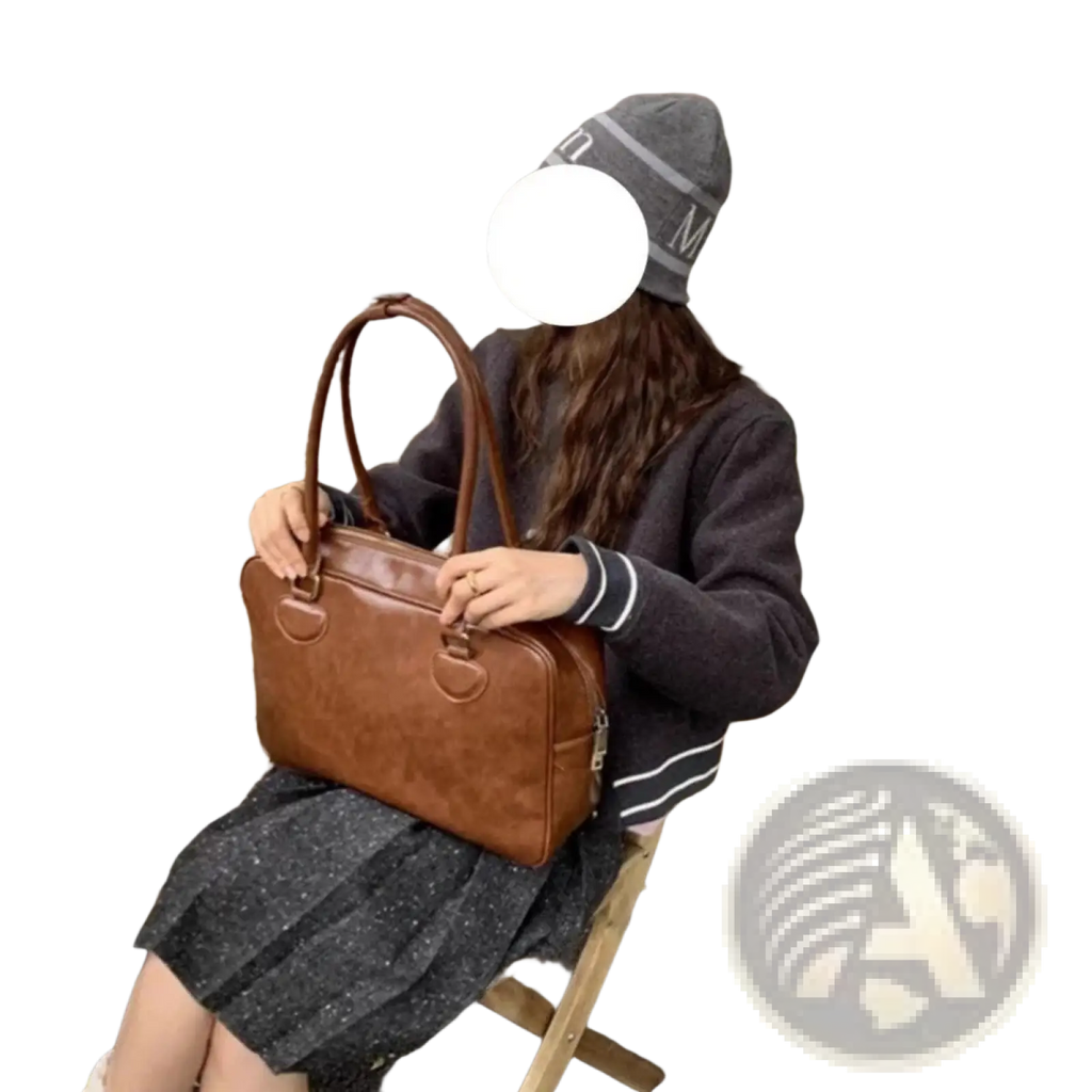Brown leather large capacity shoulder bag with rounded top handles front flap closure and bear charm accessory