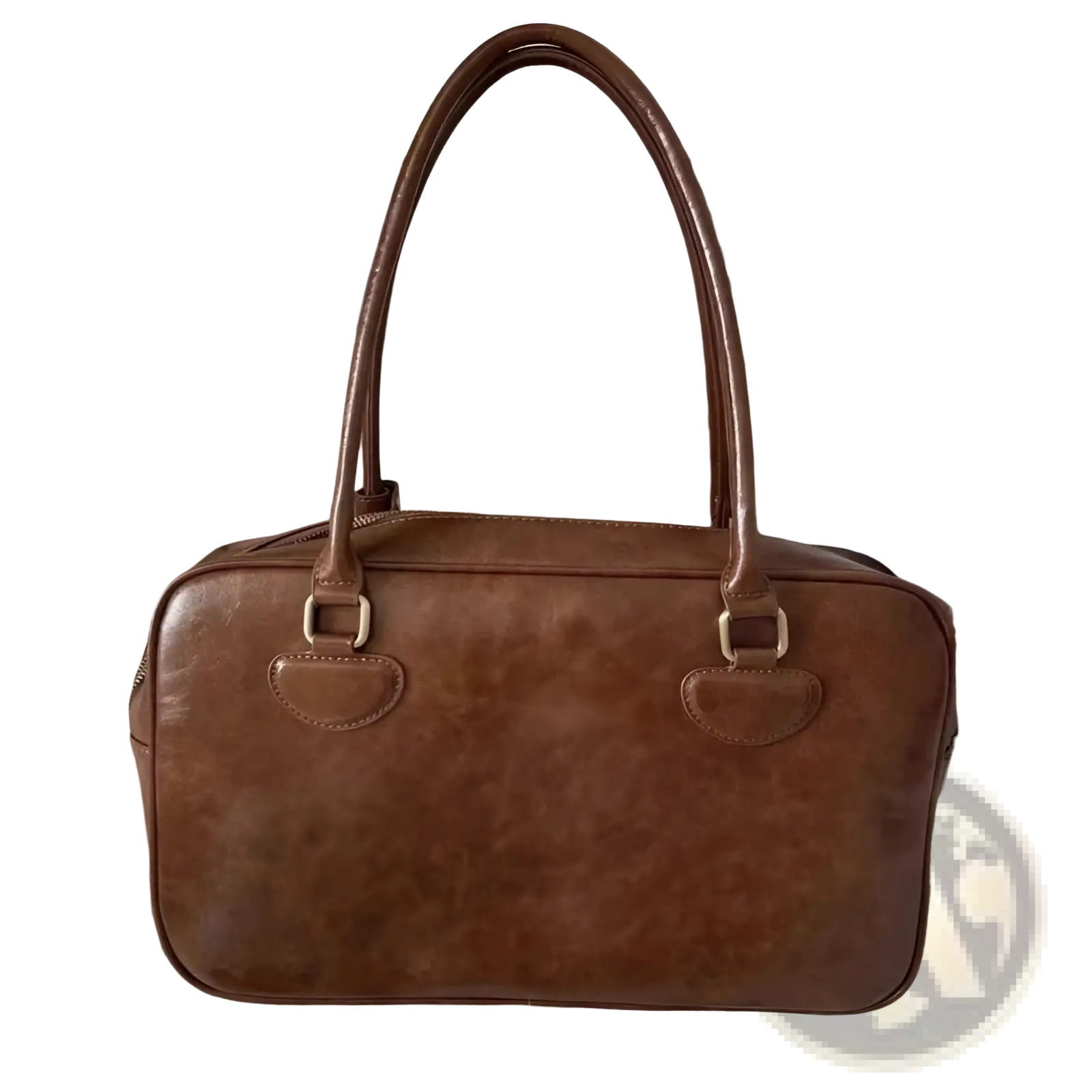 Large capacity brown leather shoulder bag with rounded top handles metallic hardware and bear charm accessory