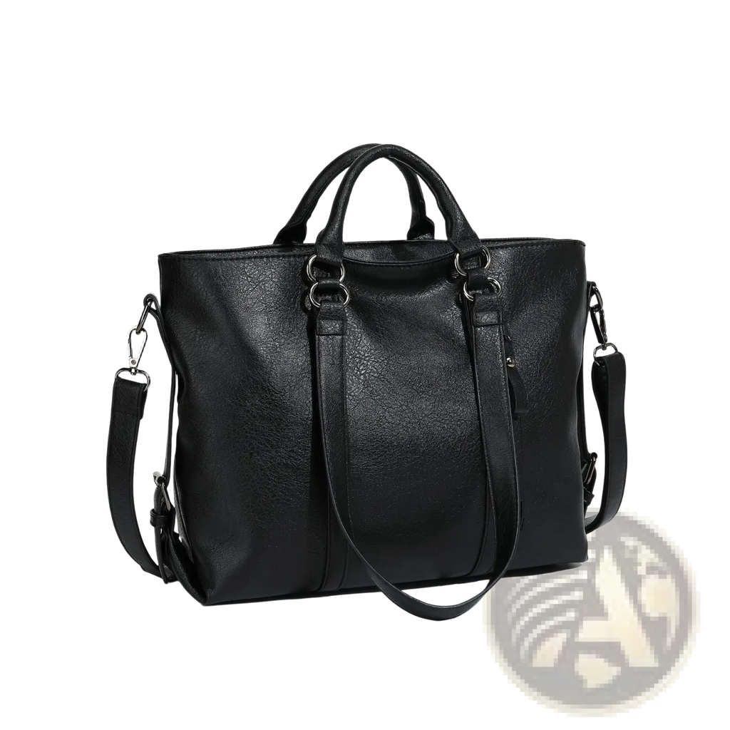 Black leather large capacity tote bag with top handles and detachable shoulder strap for versatile use