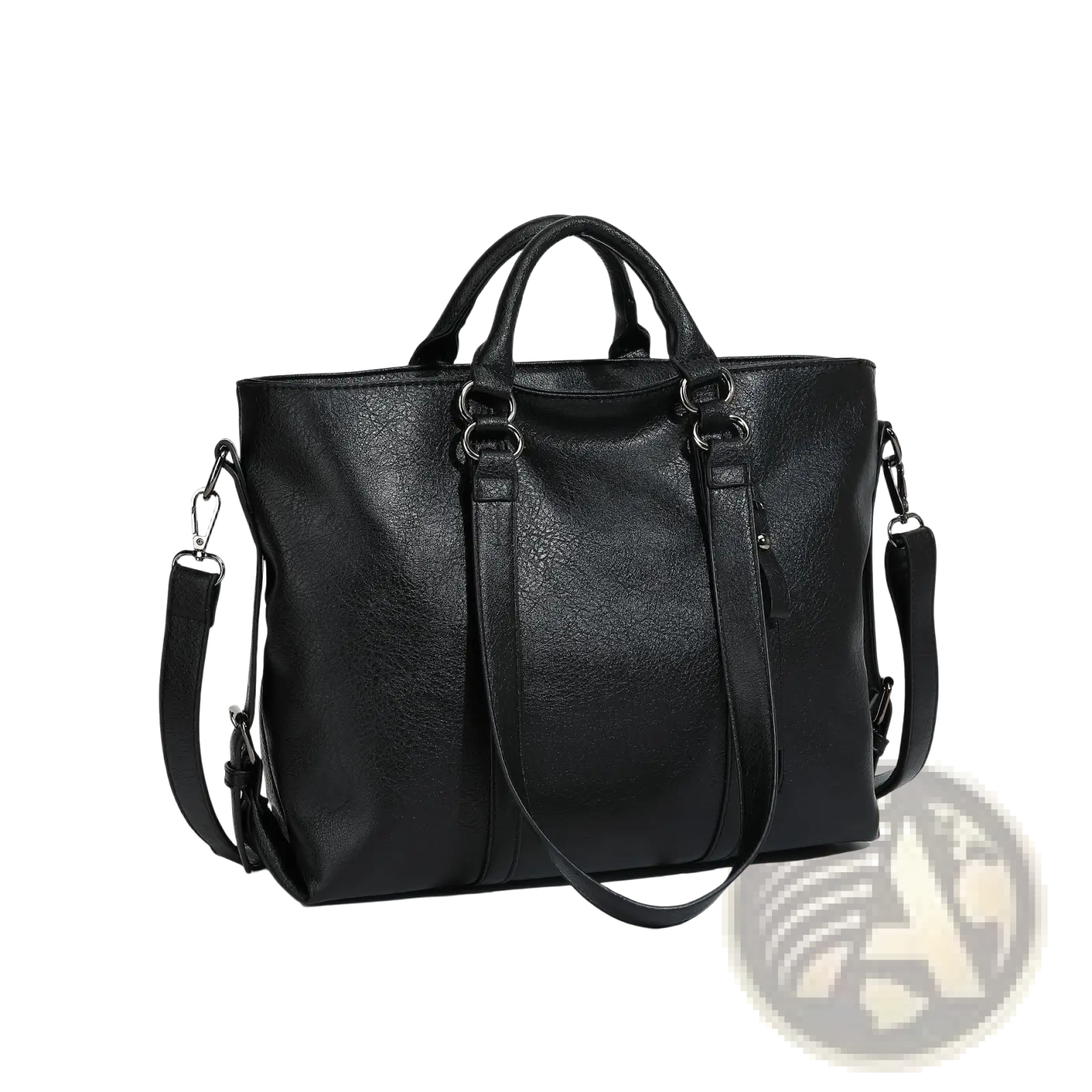 Black leather large capacity tote bag with top handles and detachable shoulder strap for versatile use