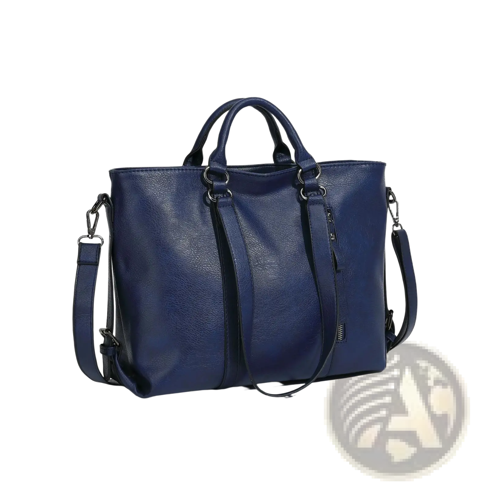 Deep navy blue leather large capacity tote bag with dual top handles and adjustable shoulder strap