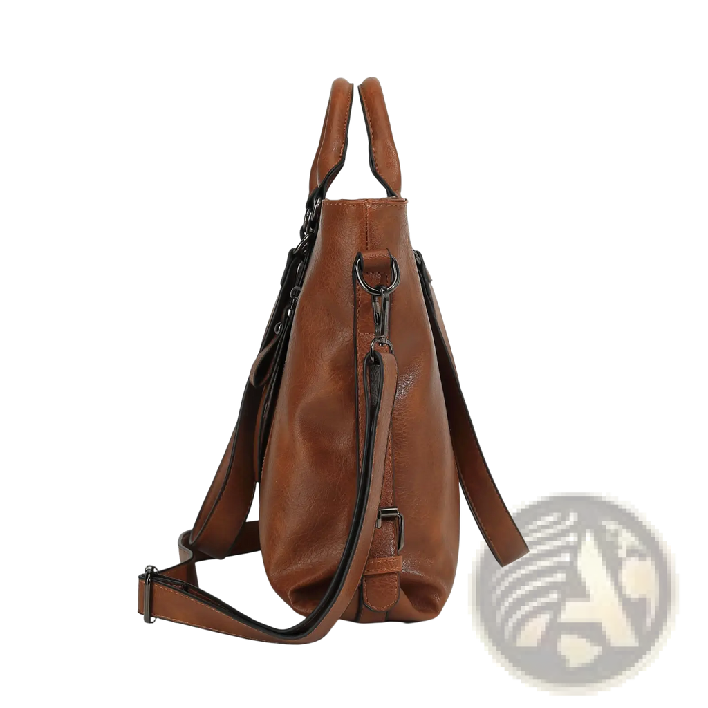 Brown leather large capacity tote bag with black trim and adjustable shoulder strap for versatile use