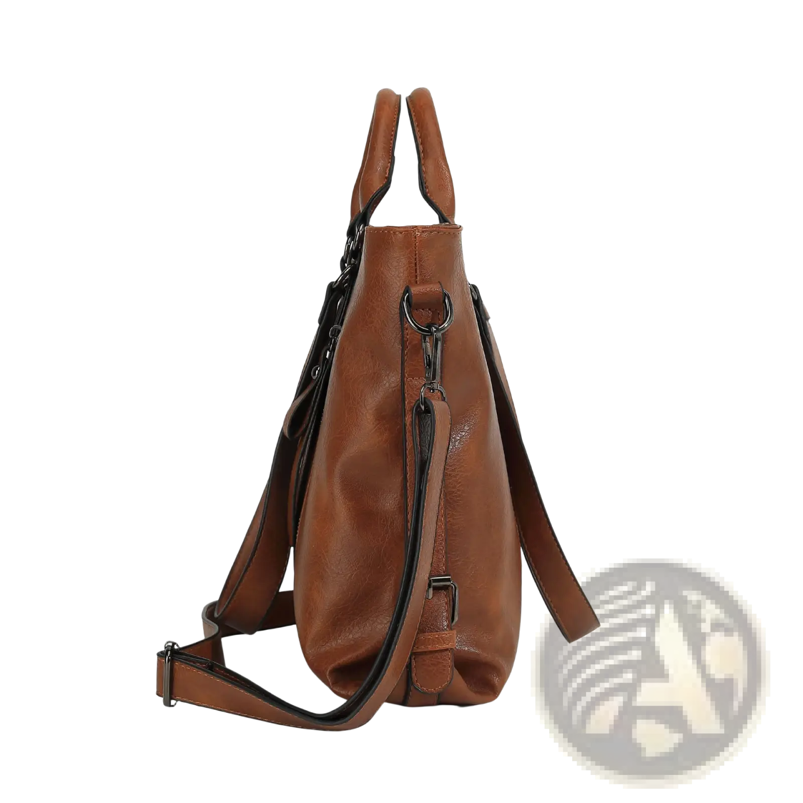 Brown leather large capacity tote bag with black trim and adjustable shoulder strap for versatile use