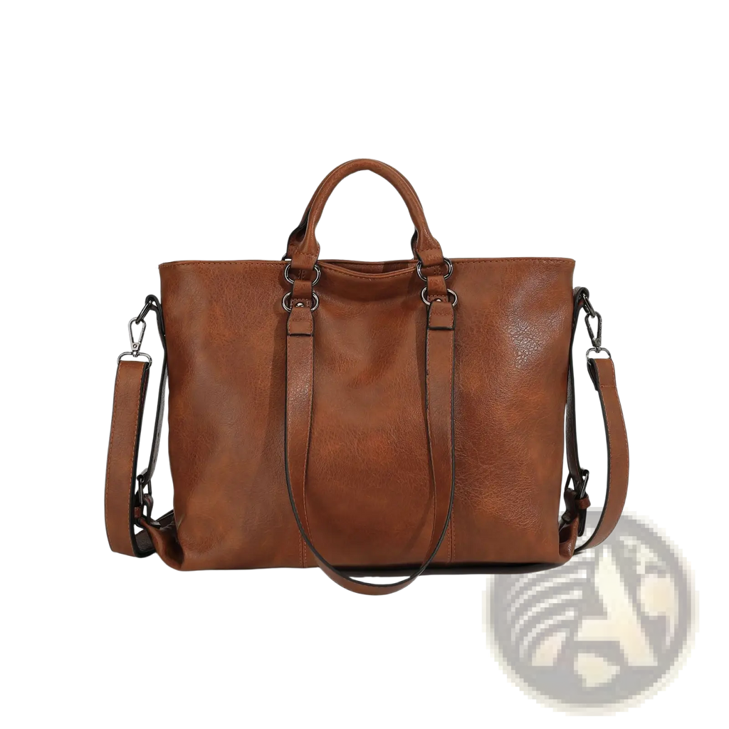 Large capacity brown leather tote bag with top handles and detachable shoulder strap for versatile carrying