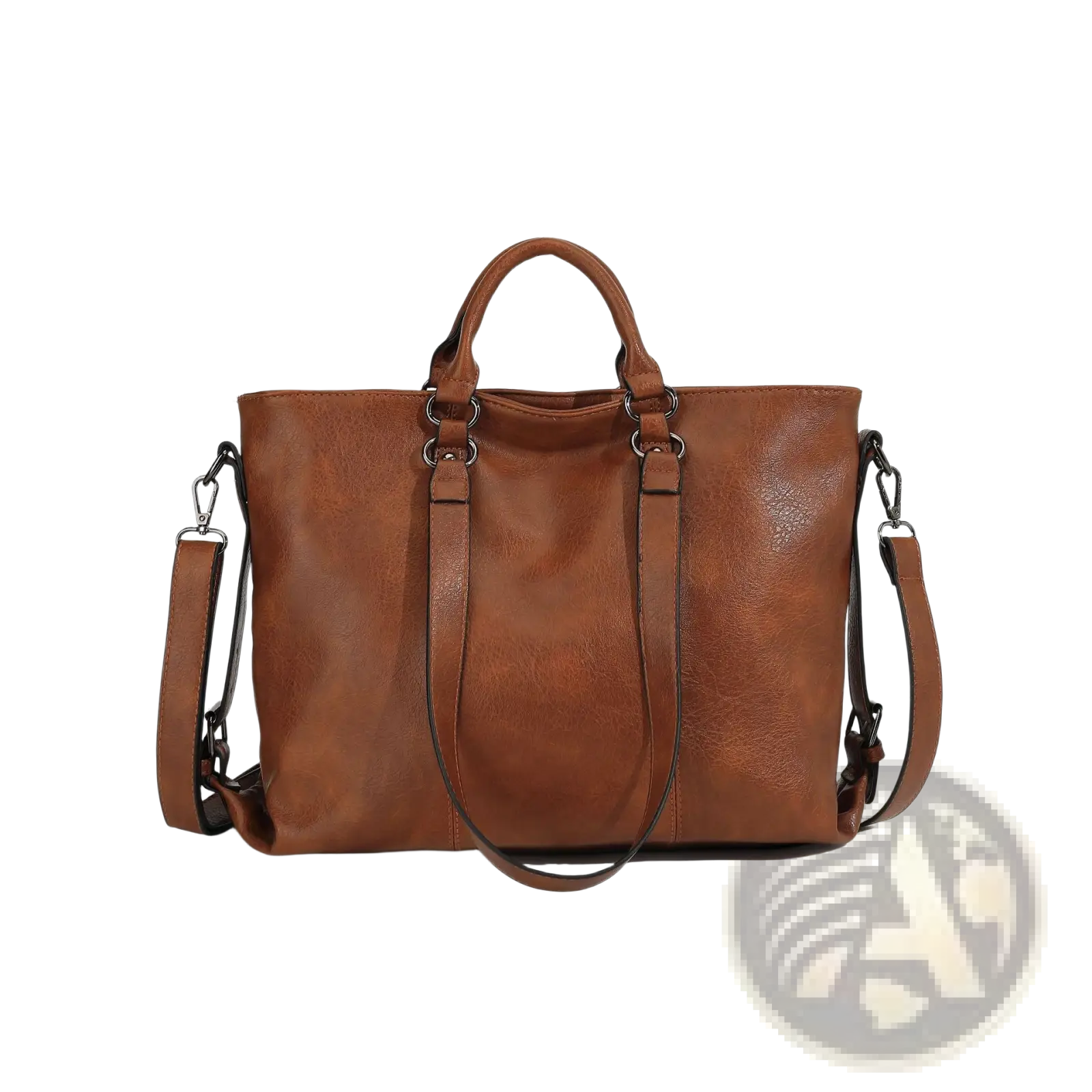 Large capacity brown leather tote bag with top handles and detachable shoulder strap for versatile carrying