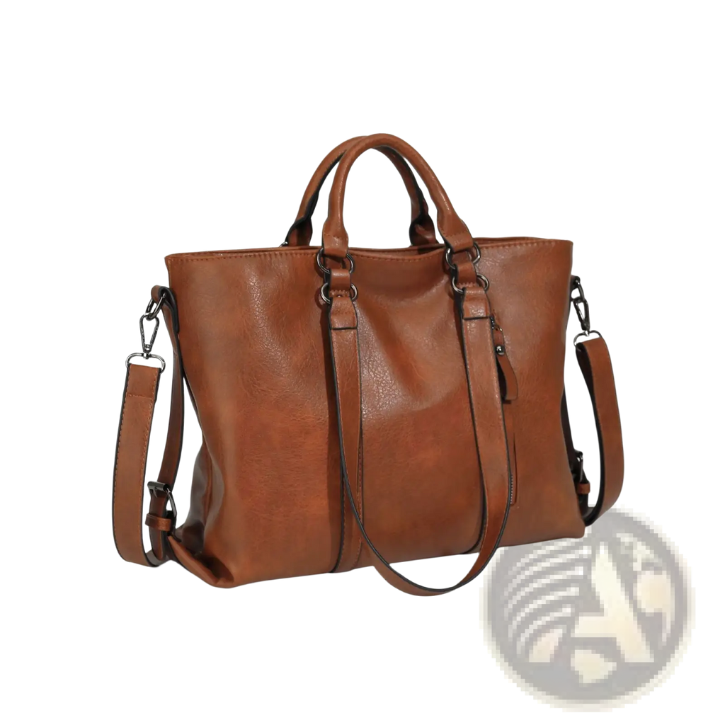 Large capacity brown leather tote bag with top handles and detachable shoulder strap for versatile carrying