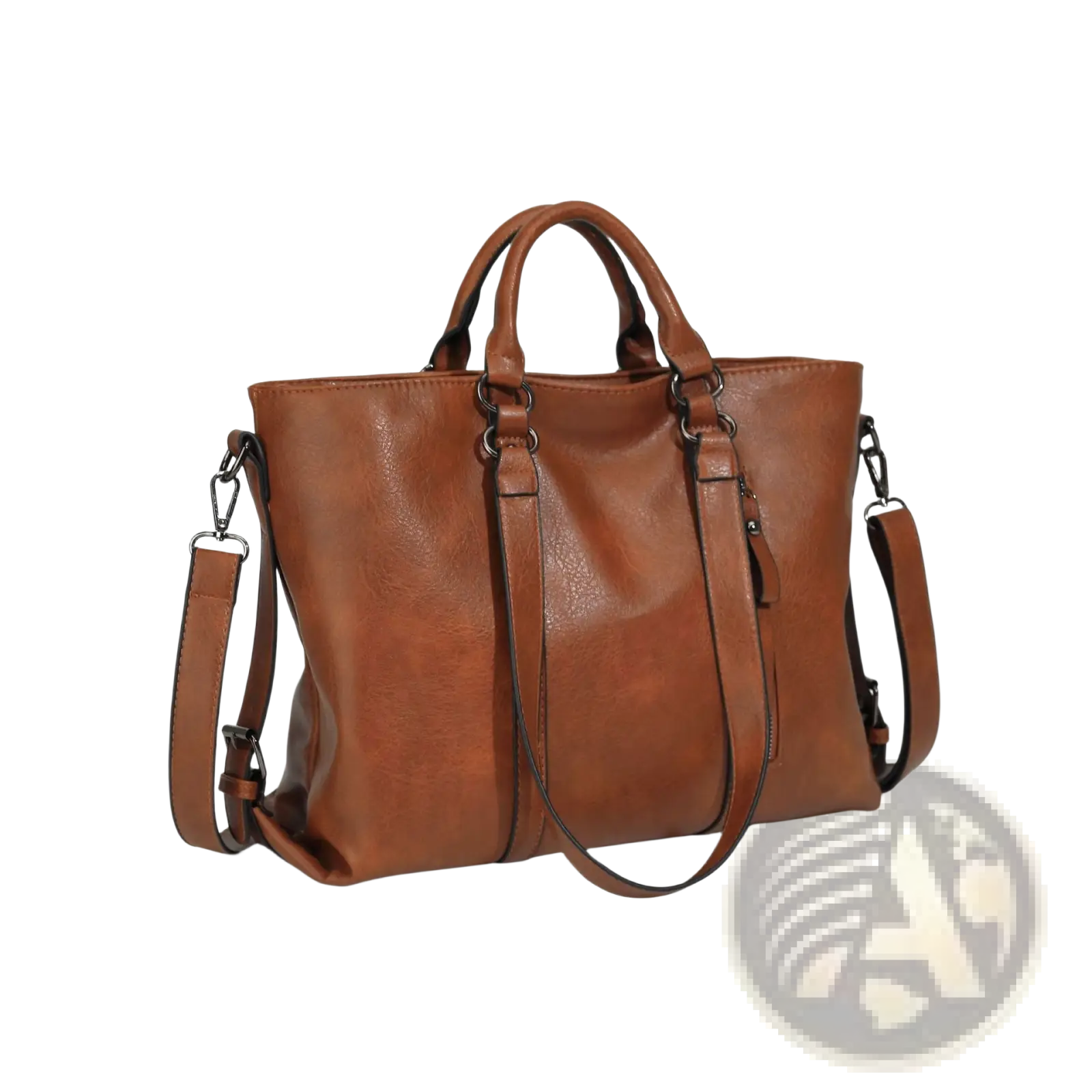 Large capacity brown leather tote bag with top handles and detachable shoulder strap for versatile carrying