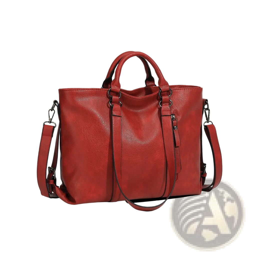 Red leather large capacity tote bag with dual top handles and detachable shoulder strap for versatile use