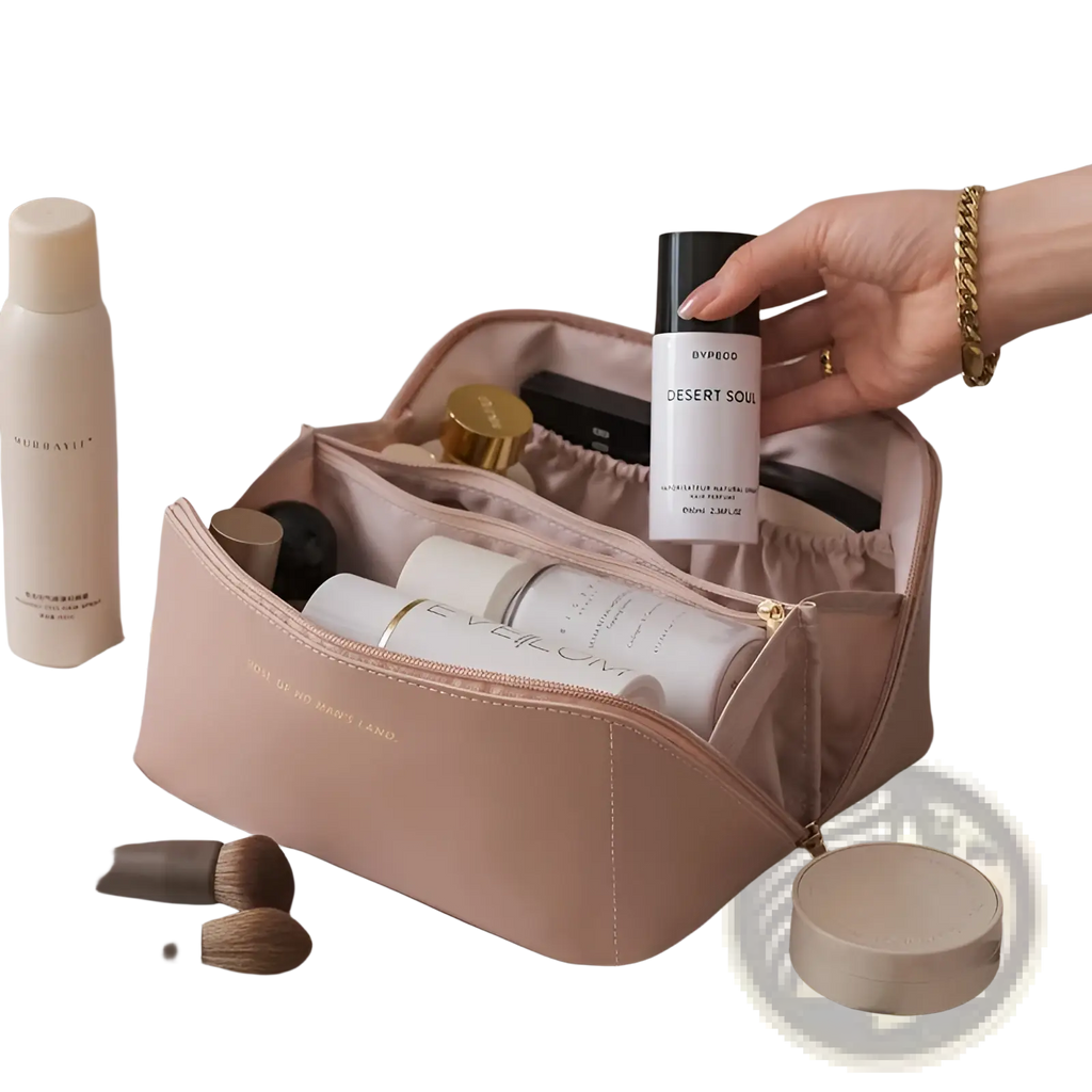Beige leather large capacity travel makeup bag organizer with gold zipper and subtle embossed text on fabric surface