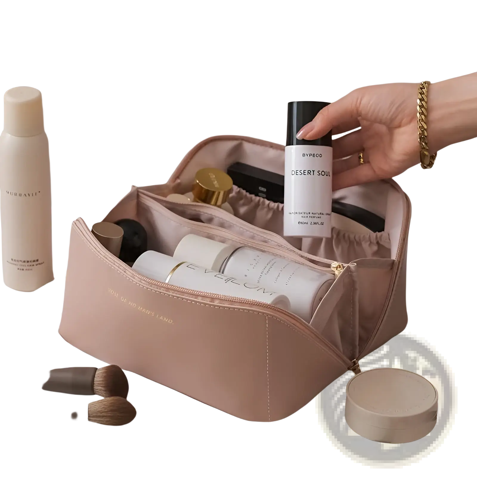 Beige leather large capacity travel makeup bag organizer with gold zipper and subtle embossed text on fabric surface