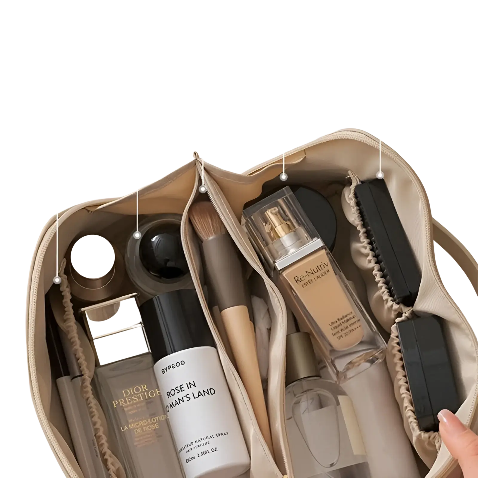 Beige leather travel makeup bag organizer with large capacity and multiple compartments holding cosmetics and brushes
