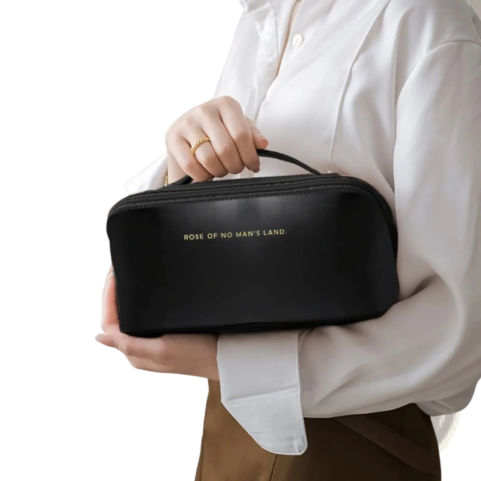 Black leather large capacity travel makeup bag organizer with gold foil rose of no mans land lettering and top handle