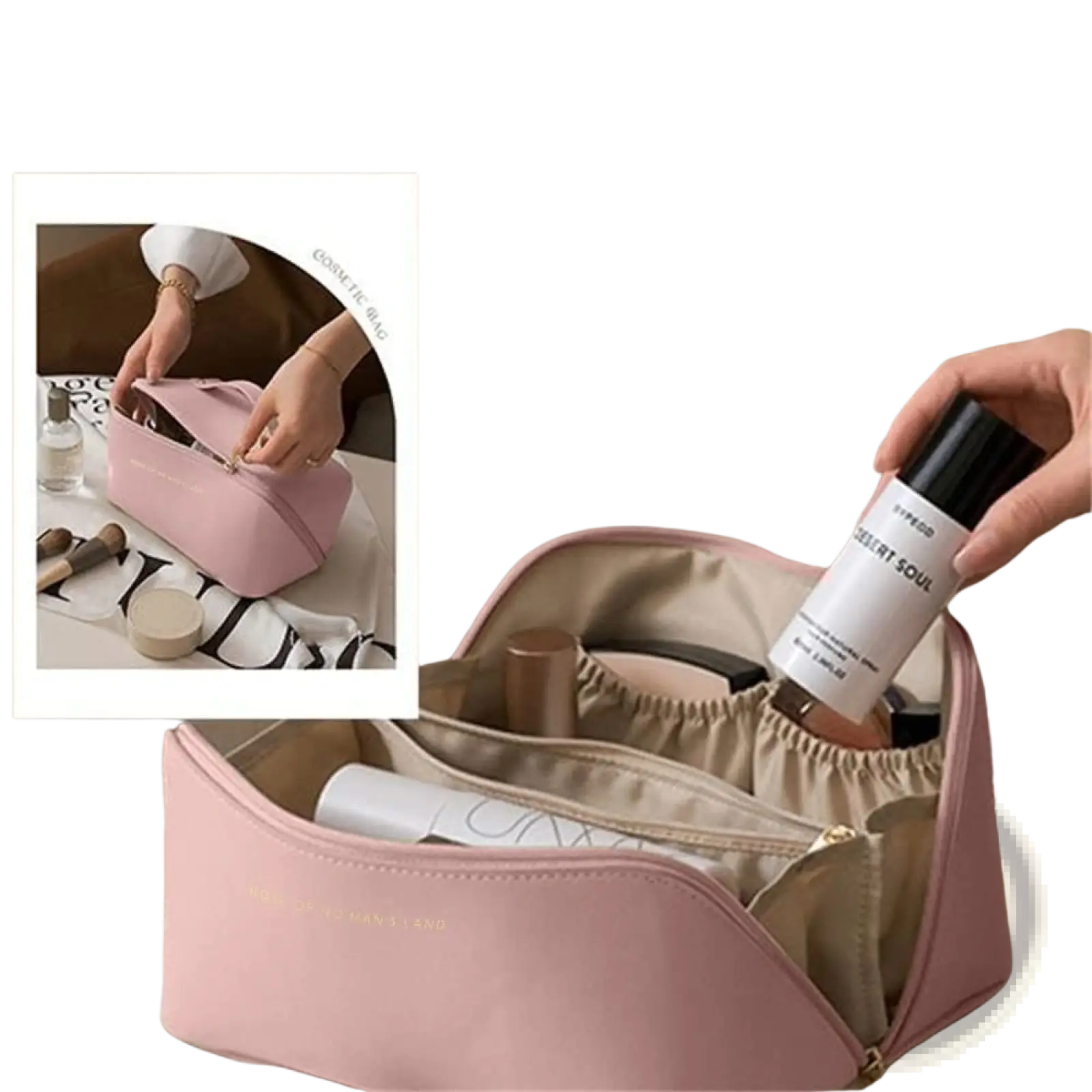 Pink leather large capacity travel makeup bag with beige interior and zipper closure for portable cosmetic storage