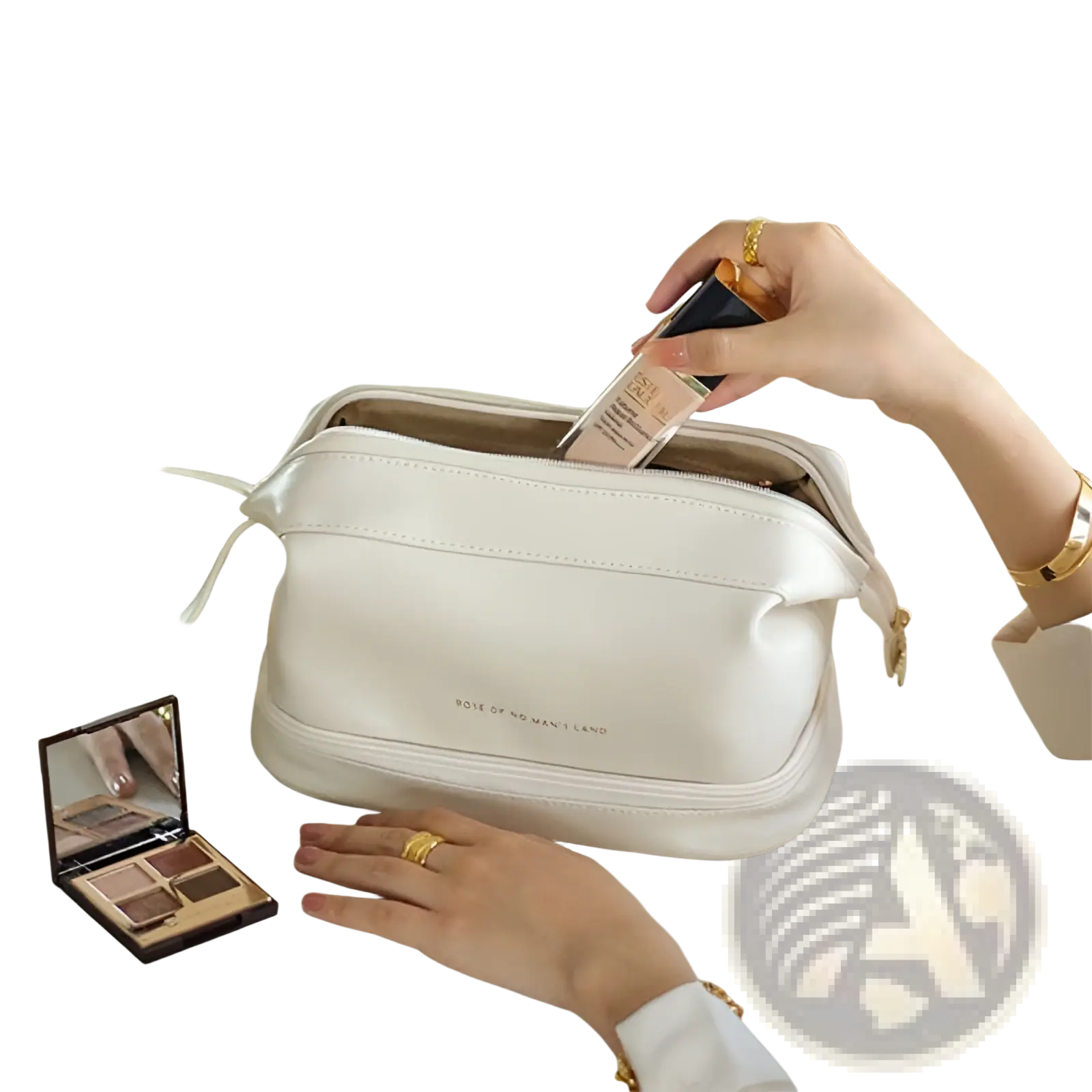 A sleek white leather large capacity travel makeup bag organizer with embossed branding and gold-tone zipper closure