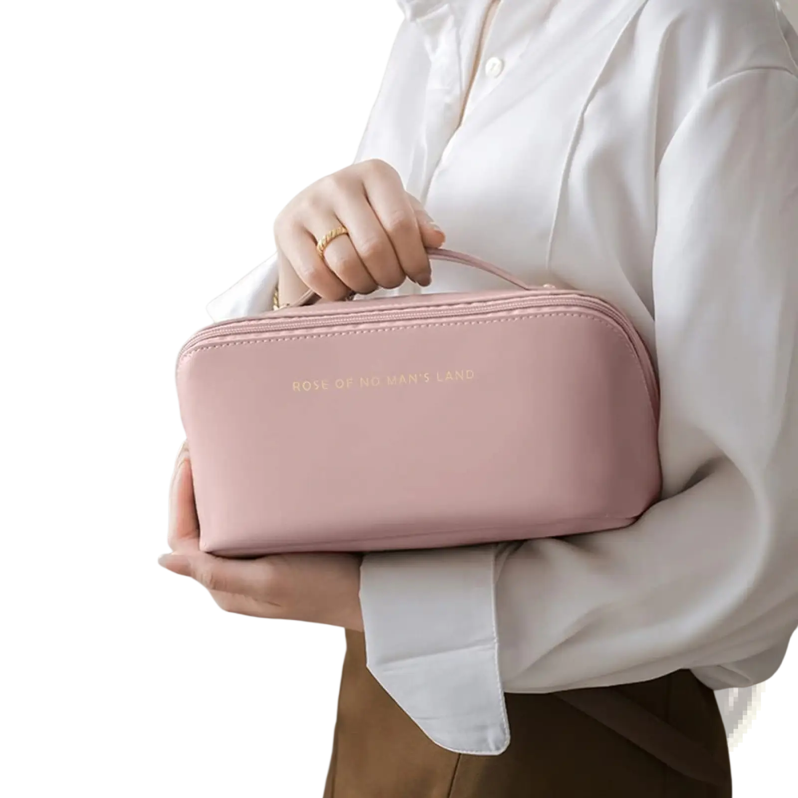 Large capacity leather travel makeup bag organizer in soft pink with gold foil inscription and matching top handle