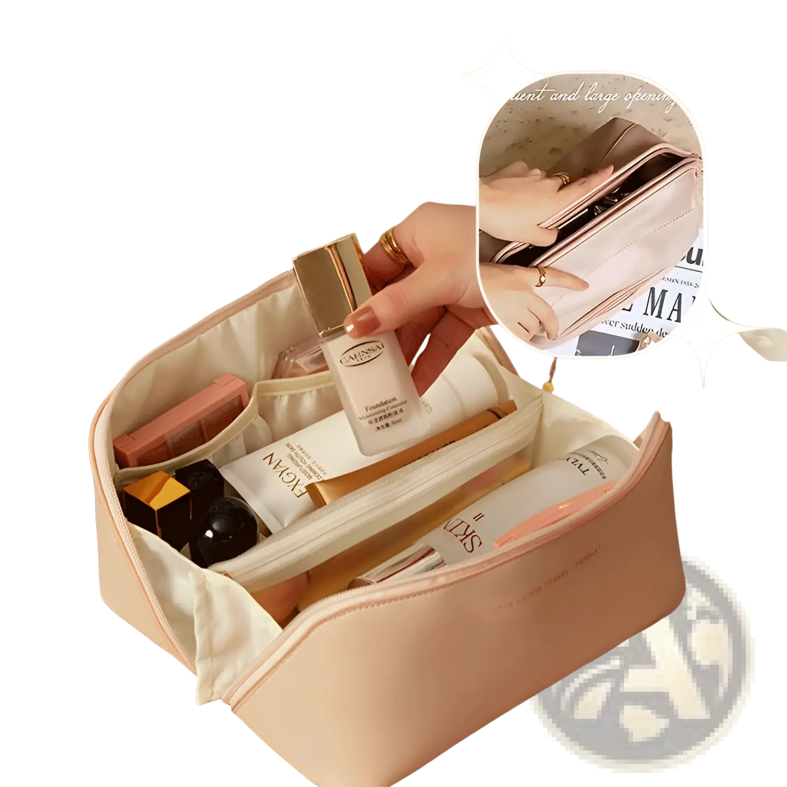 A soft blush pink leather travel makeup bag organizer with cream interior and multiple compartments for cosmetics