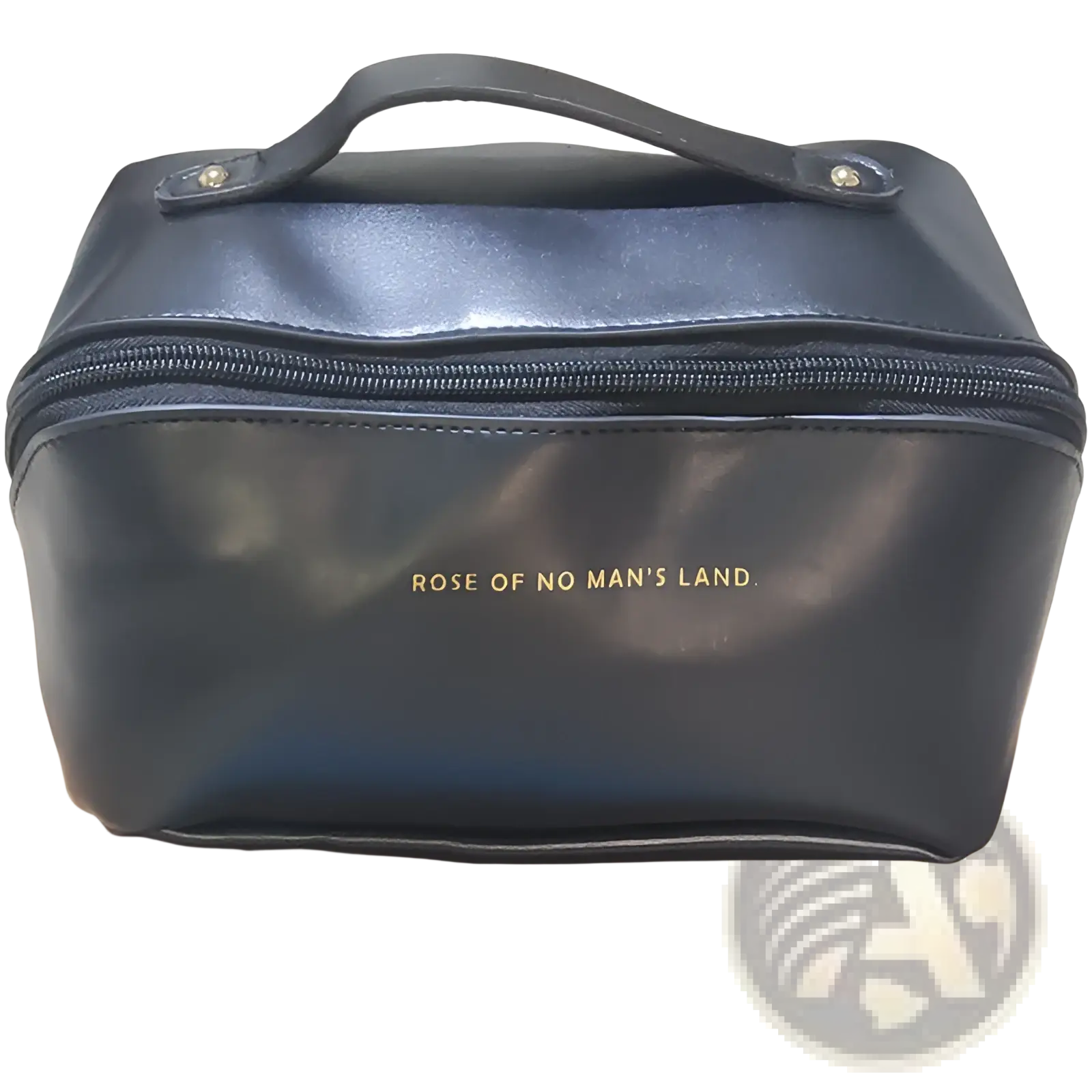 Dark blue faux leather large capacity travel makeup bag organizer with top handle and gold foil rose of no mans land lettering