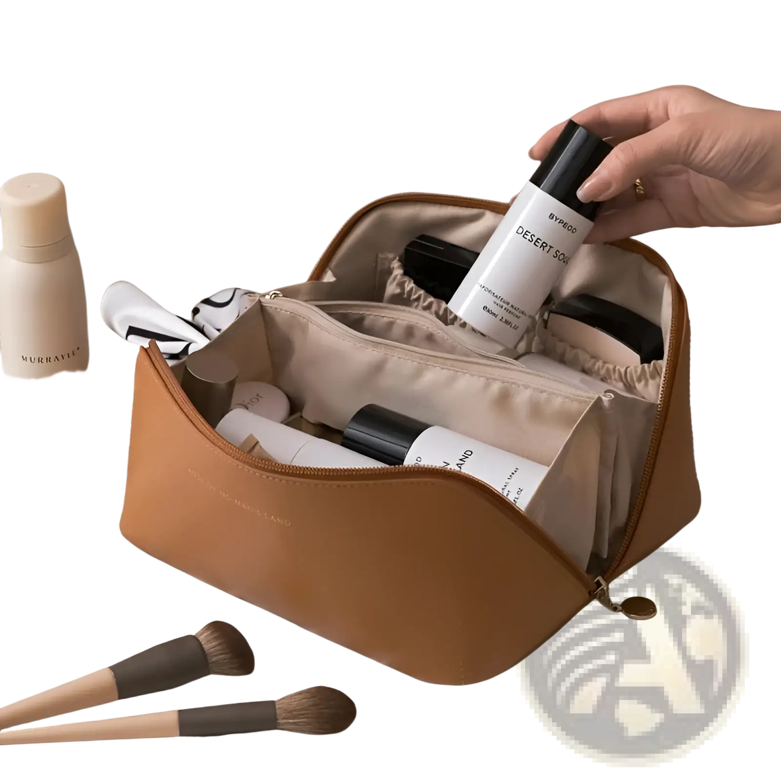 Tan leather large capacity travel makeup bag organizer with zipper closure and interior compartments for storage