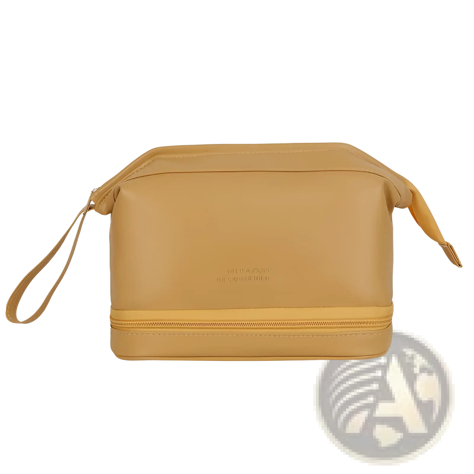 Large capacity tan leather travel makeup bag organizer with wrist strap and dual zipper compartments