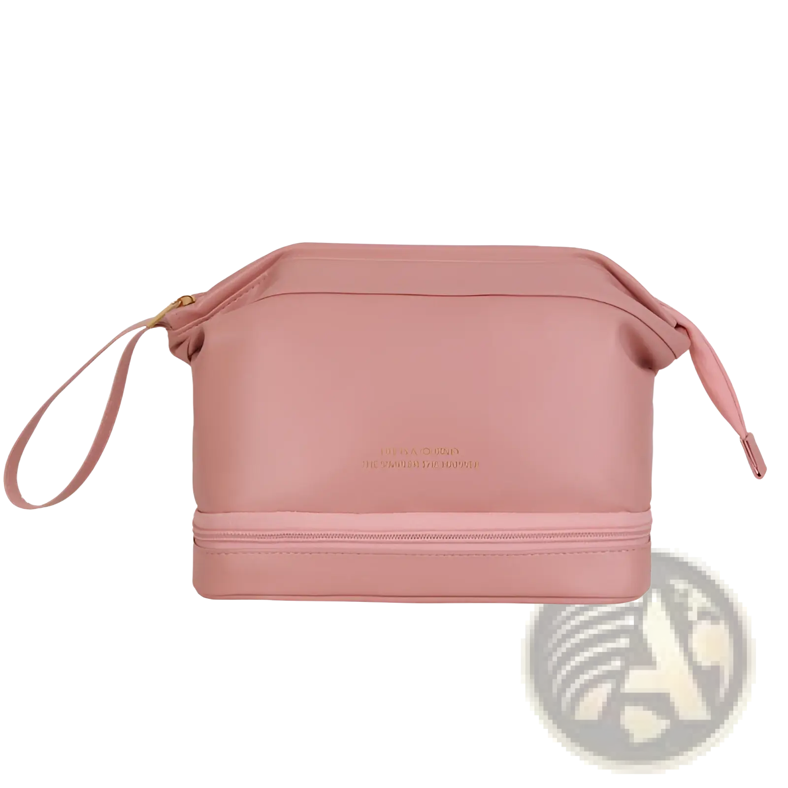 Large capacity leather travel makeup bag organizer in soft pink with two compartments wrist strap and gold-toned zippers