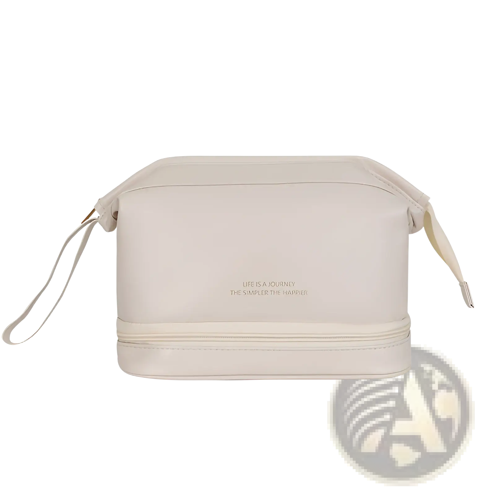 Beige two-tiered leather travel makeup bag organizer with large capacity metallic zipper and matching wrist strap