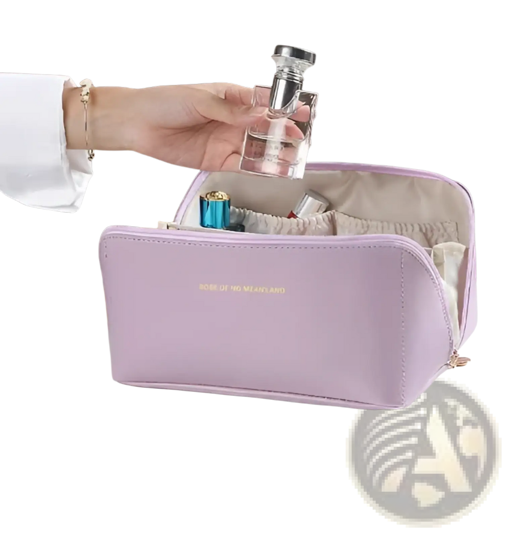 Lavender faux leather large capacity makeup bag organizer with gold lettering ideal for travel and storage