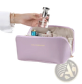 Lavender faux leather large capacity makeup bag organizer with gold lettering ideal for travel and storage