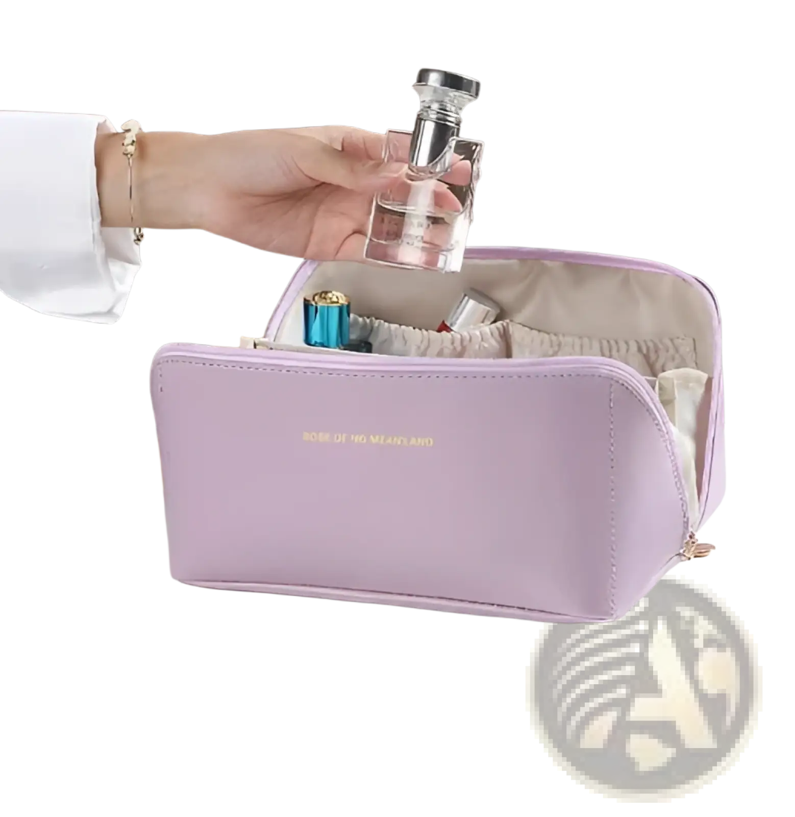 Lavender faux leather large capacity makeup bag organizer with gold lettering ideal for travel and storage