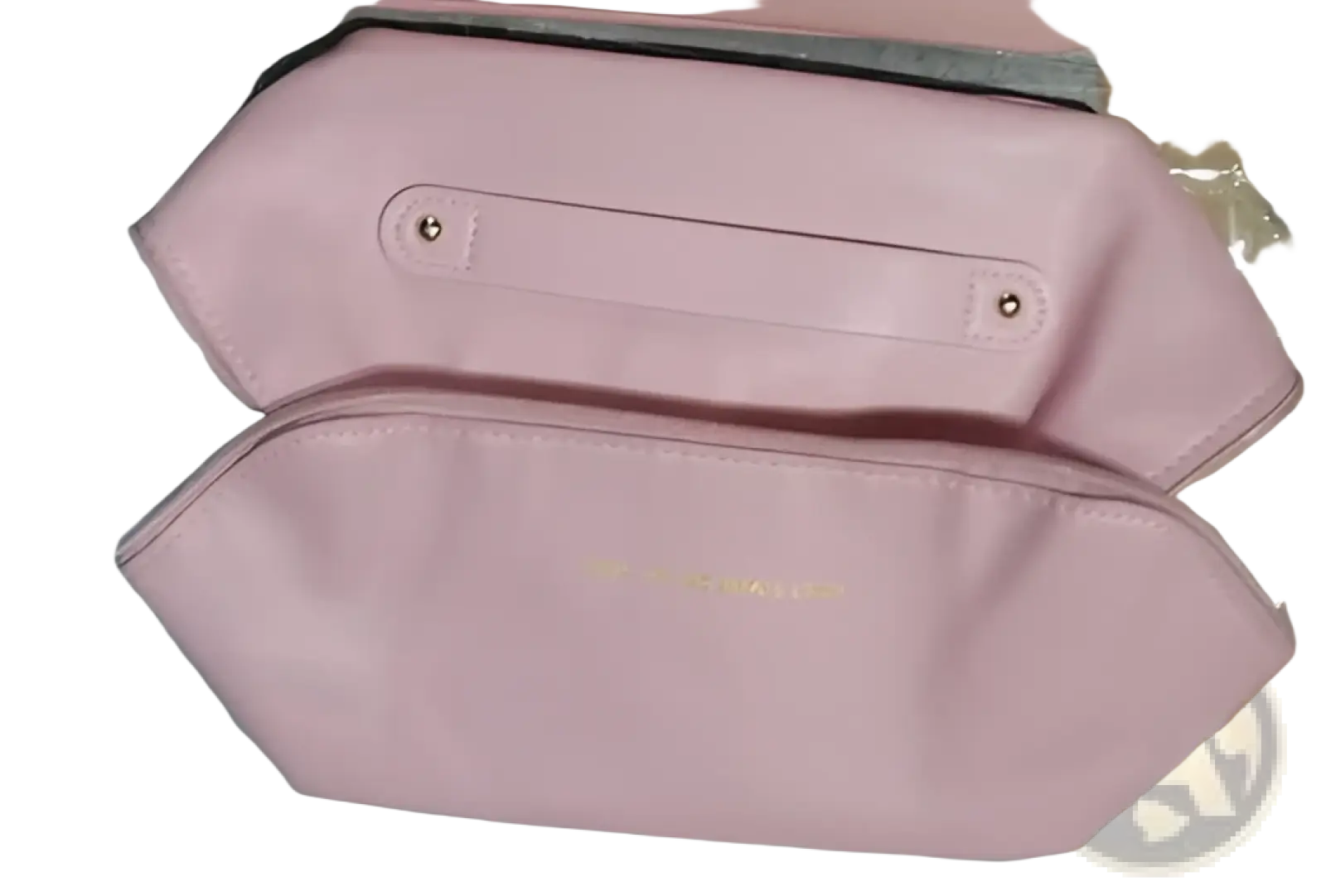 Large capacity pink leather travel makeup bag organizer with gold foil lettering and zipper closure