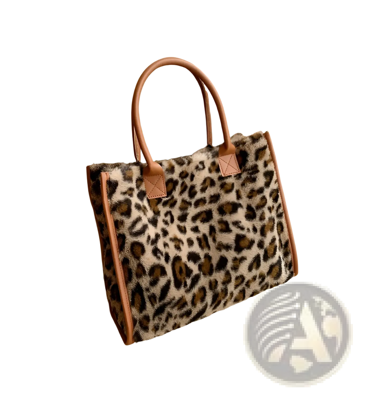 Large capacity leopard print plush tote bag with tan leather handles and trim made of faux fur material