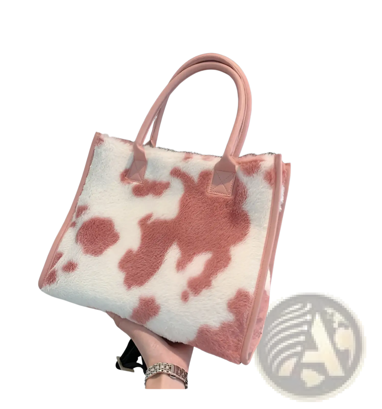 A large capacity plush tote bag with soft fluffy pink and white cow print and matching handles