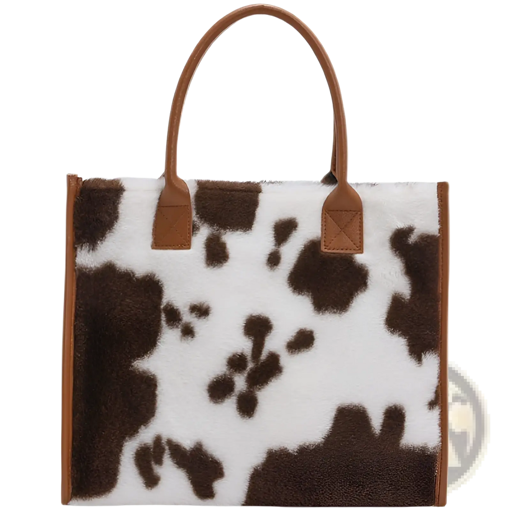 Large capacity leopard print plush tote bag with brown and white cow print faux fur and tan leather handles