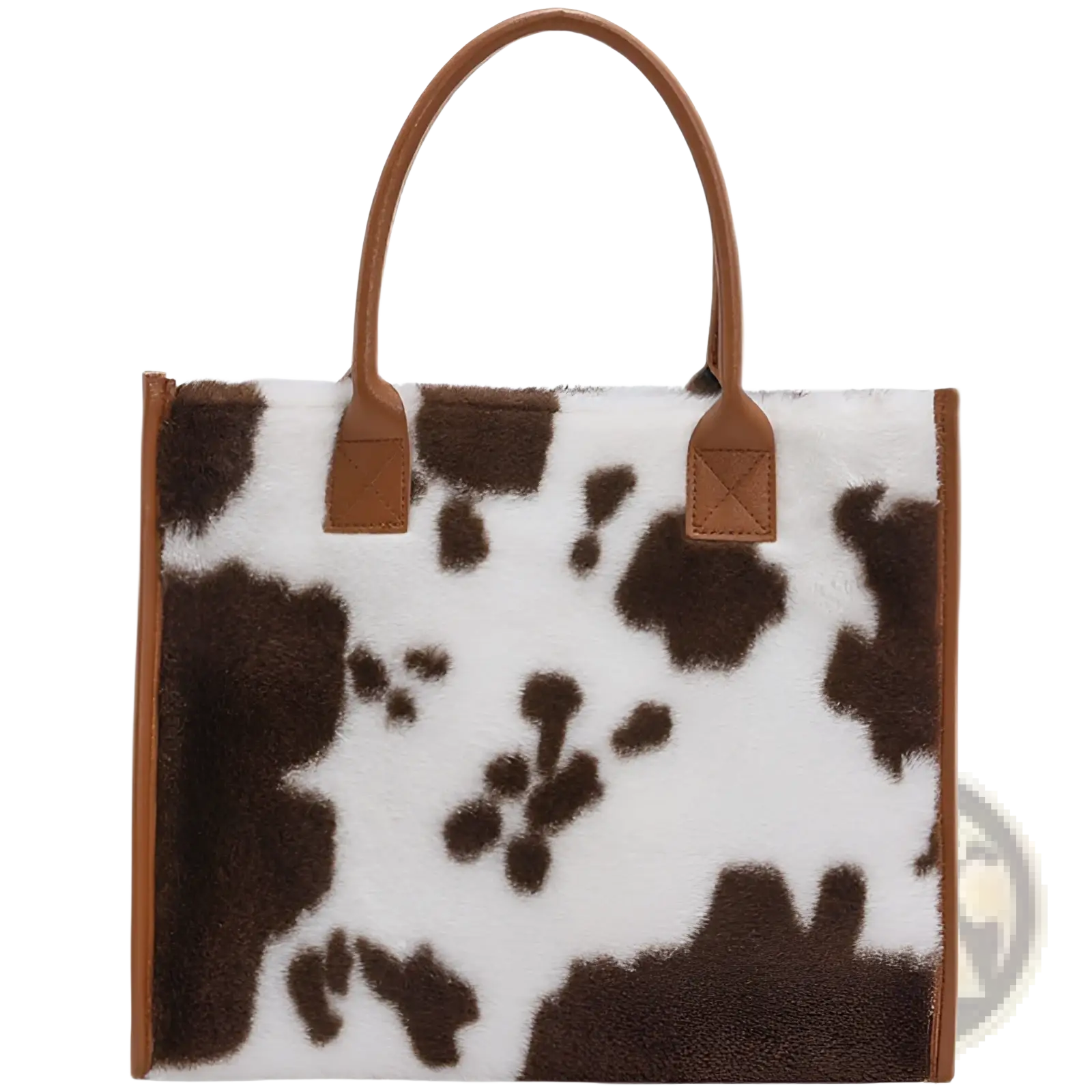 Large capacity leopard print plush tote bag with brown and white cow print faux fur and tan leather handles
