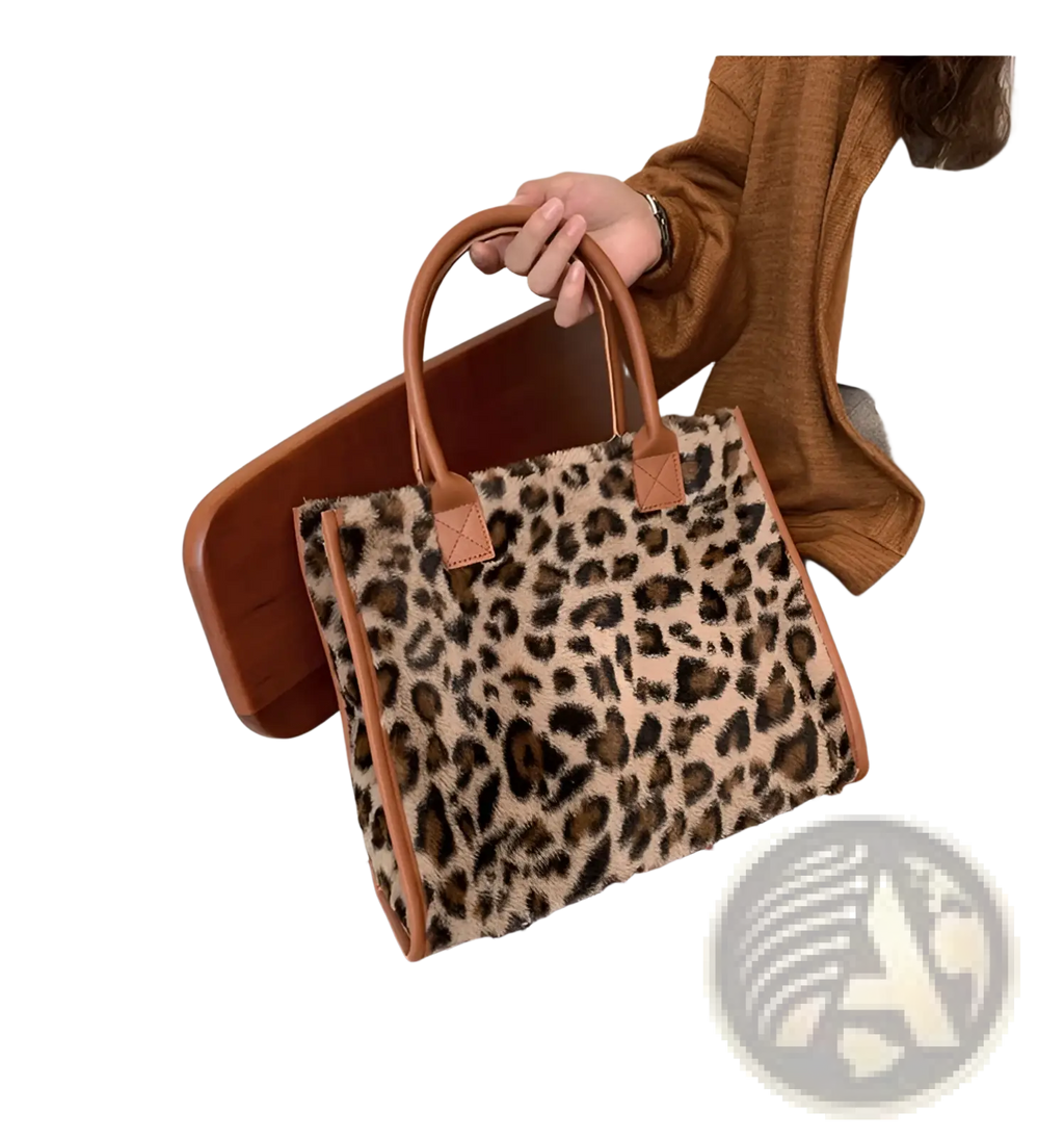 Large capacity leopard print plush tote bag with faux fur and tan leather handles and trim