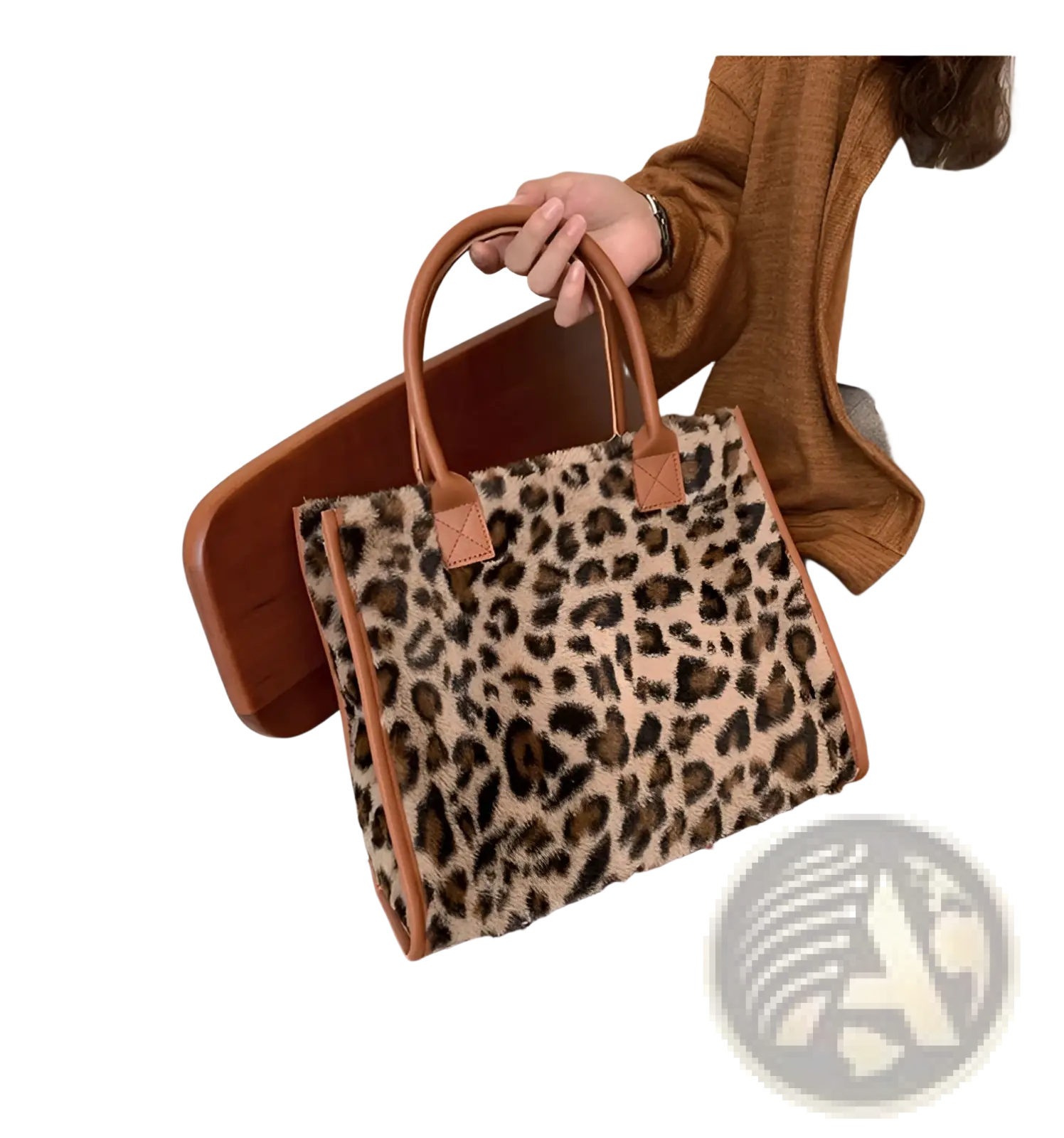 Large capacity leopard print plush tote bag with faux fur and tan leather handles and trim
