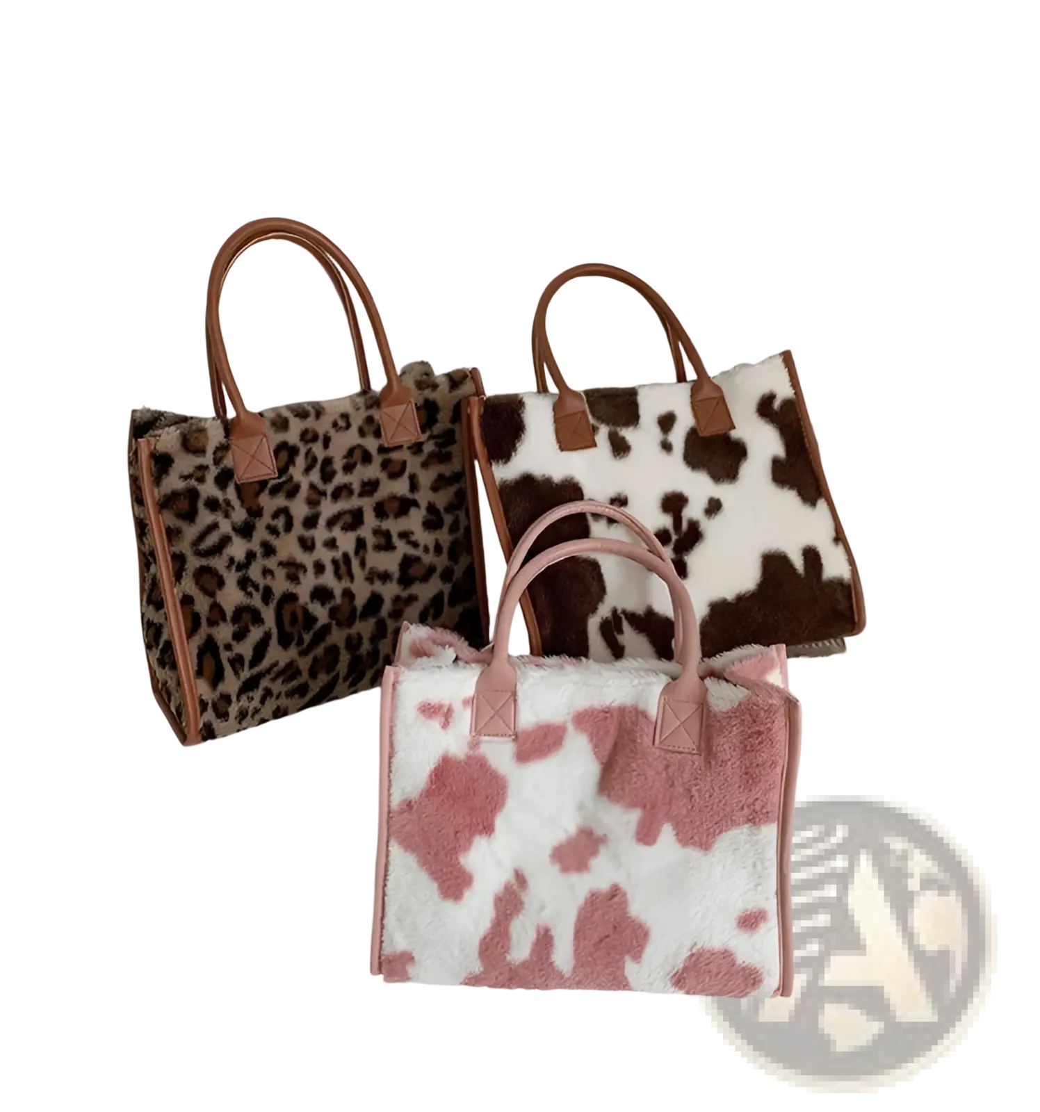 Large capacity plush tote bag with pink and white cow print and brown leather handles for stylish carrying