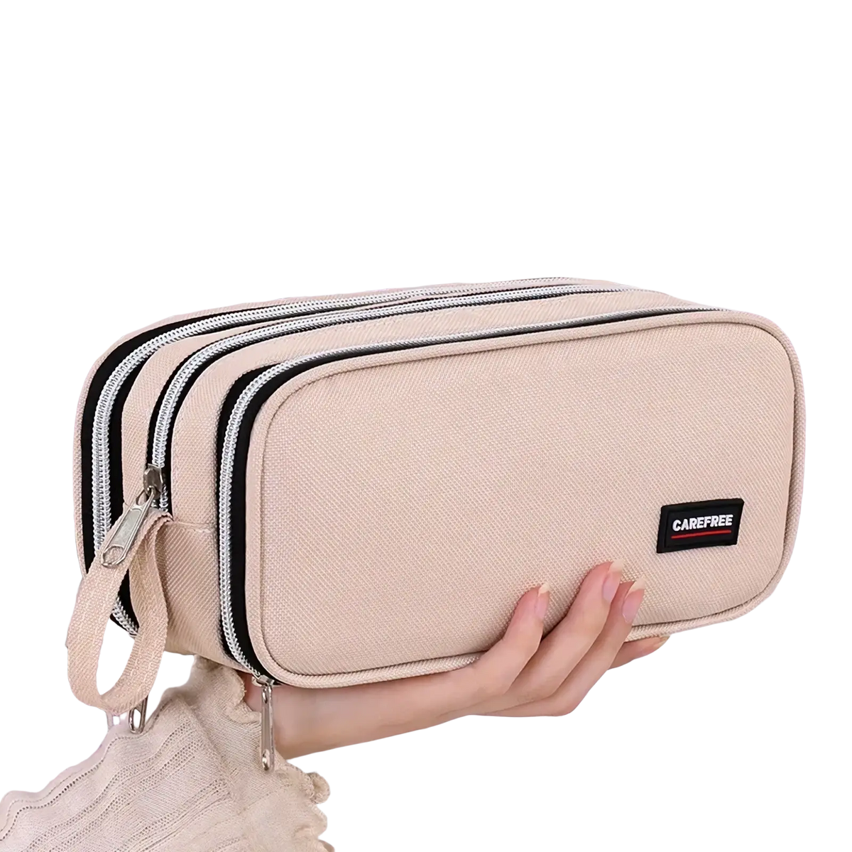 Beige canvas large capacity lilac pencil case with black zipper trims and carefree brand patch for stationery organization