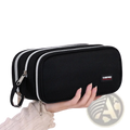 Black large capacity pencil case with dual silver zippers and carefree logo patch for stationery organization