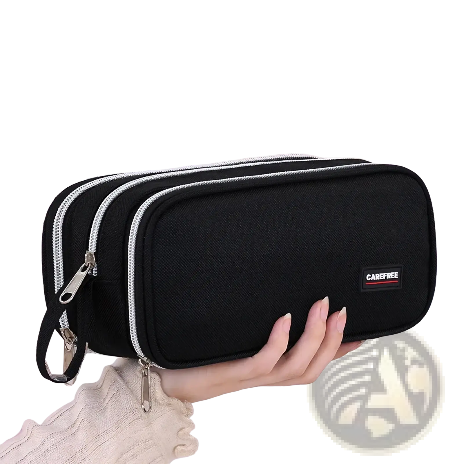 Black large capacity pencil case with dual silver zippers and carefree logo patch for stationery organization