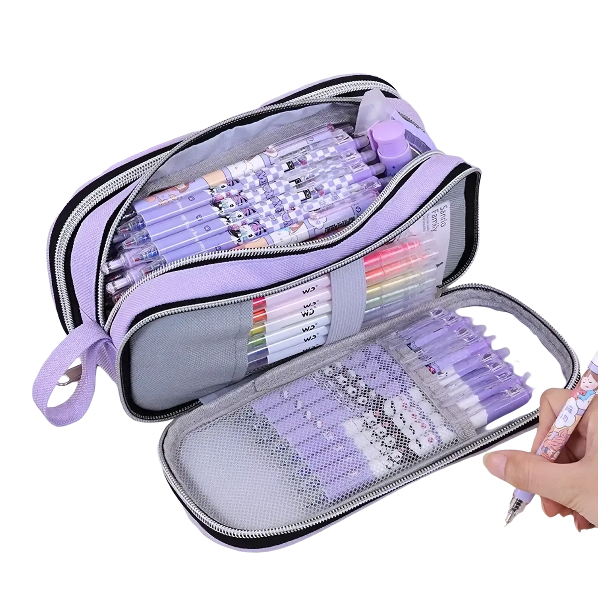 Large capacity lilac pencil case with black zipper trim and mesh compartments organizing pens and markers